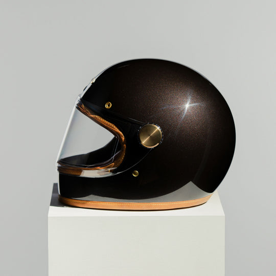Left side view of Hedon Heroine Racer 2.0 Helmet - Macadamia with clear visor closed 