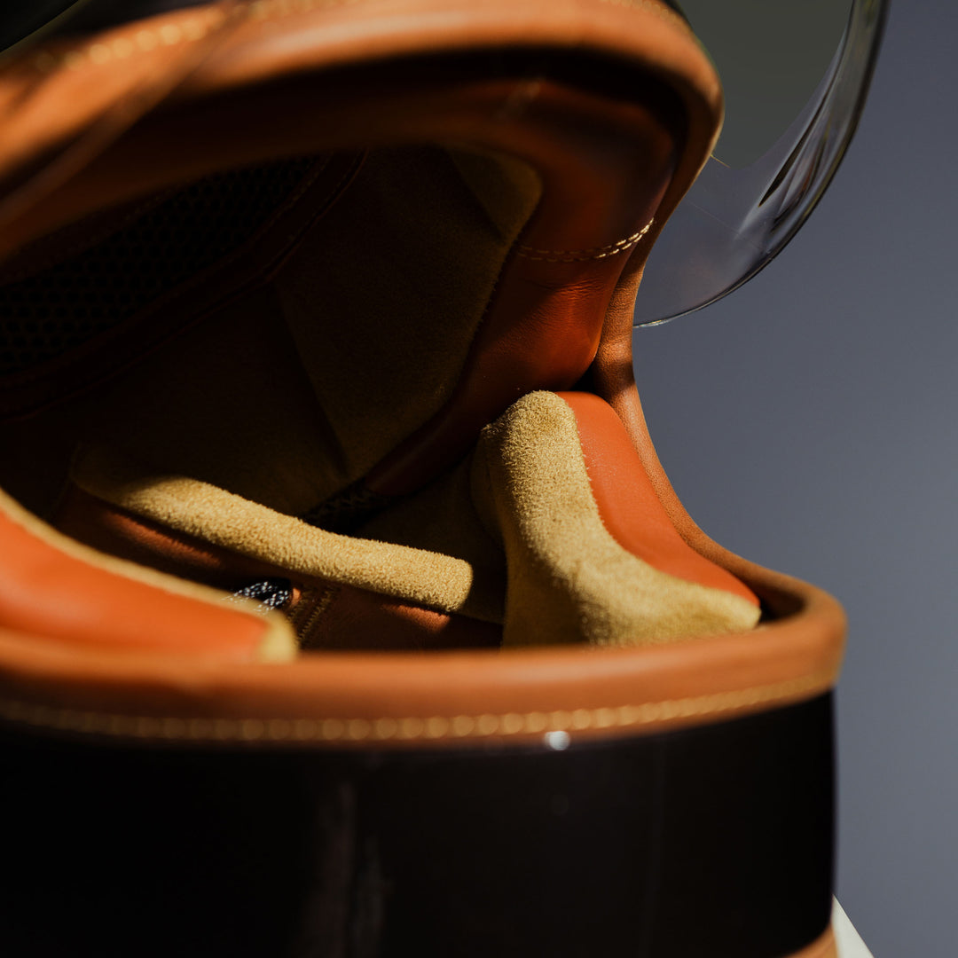 Close up front right side inside lining on Hedon Heroine Racer 2.0 Helmet - Macadamia with clear visor open 