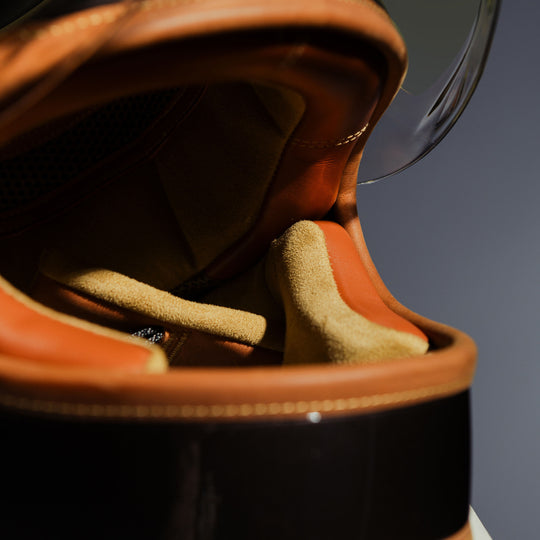 Close up front right side inside lining on Hedon Heroine Racer 2.0 Helmet - Macadamia with clear visor open 