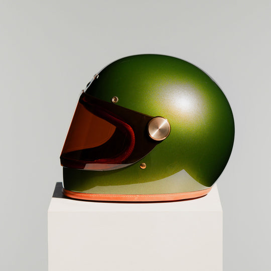 Left side view of Hedon Heroine Racer 2.0 Helmet - Olivea with tinted visor closed