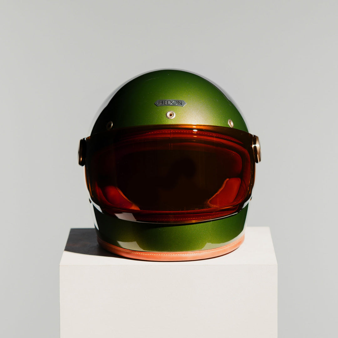 Front view of Hedon Heroine Racer 2.0 Helmet - olivea with tinted visor closed