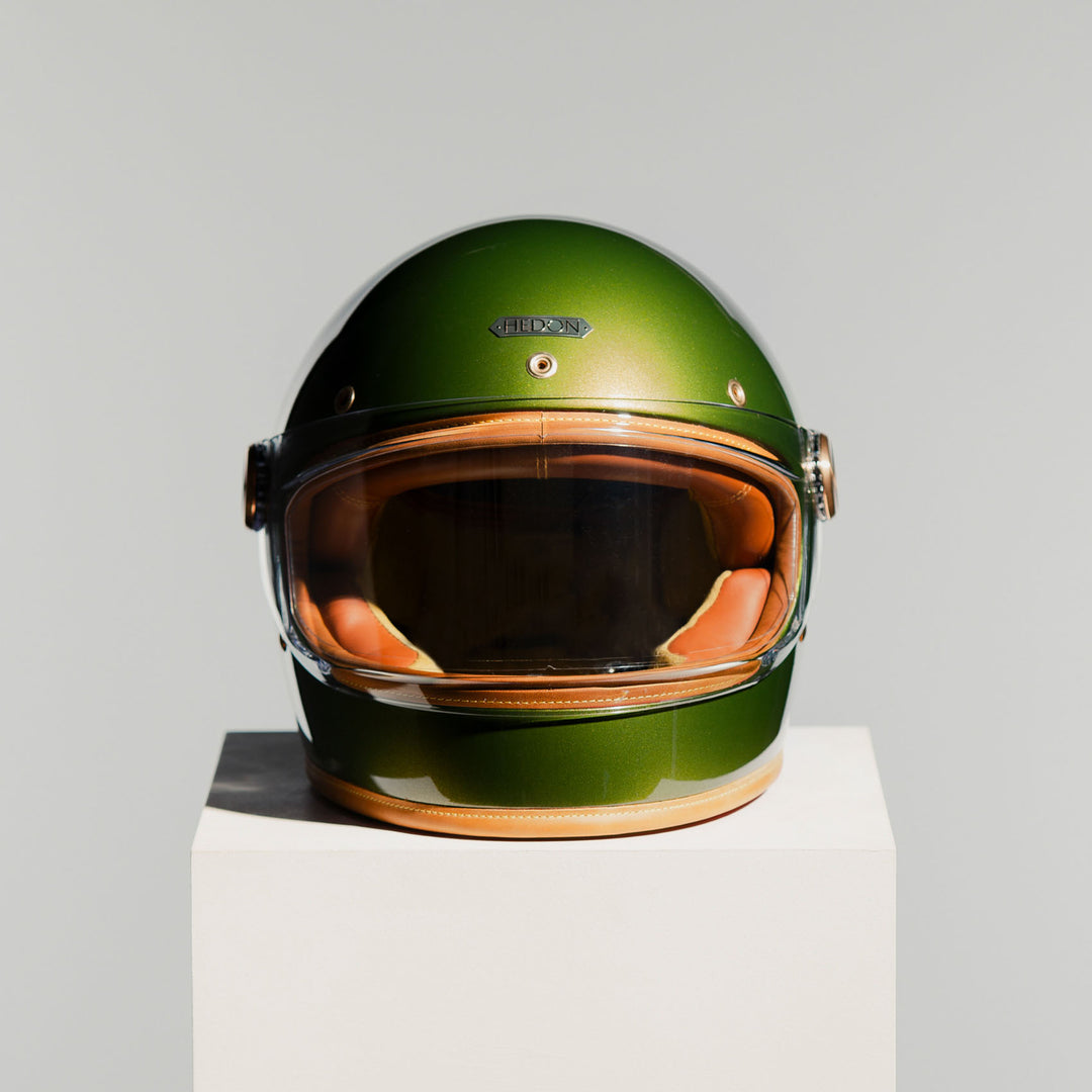 Front view of Hedon Heroine Racer 2.0 Helmet - Olivea with clear visor closed