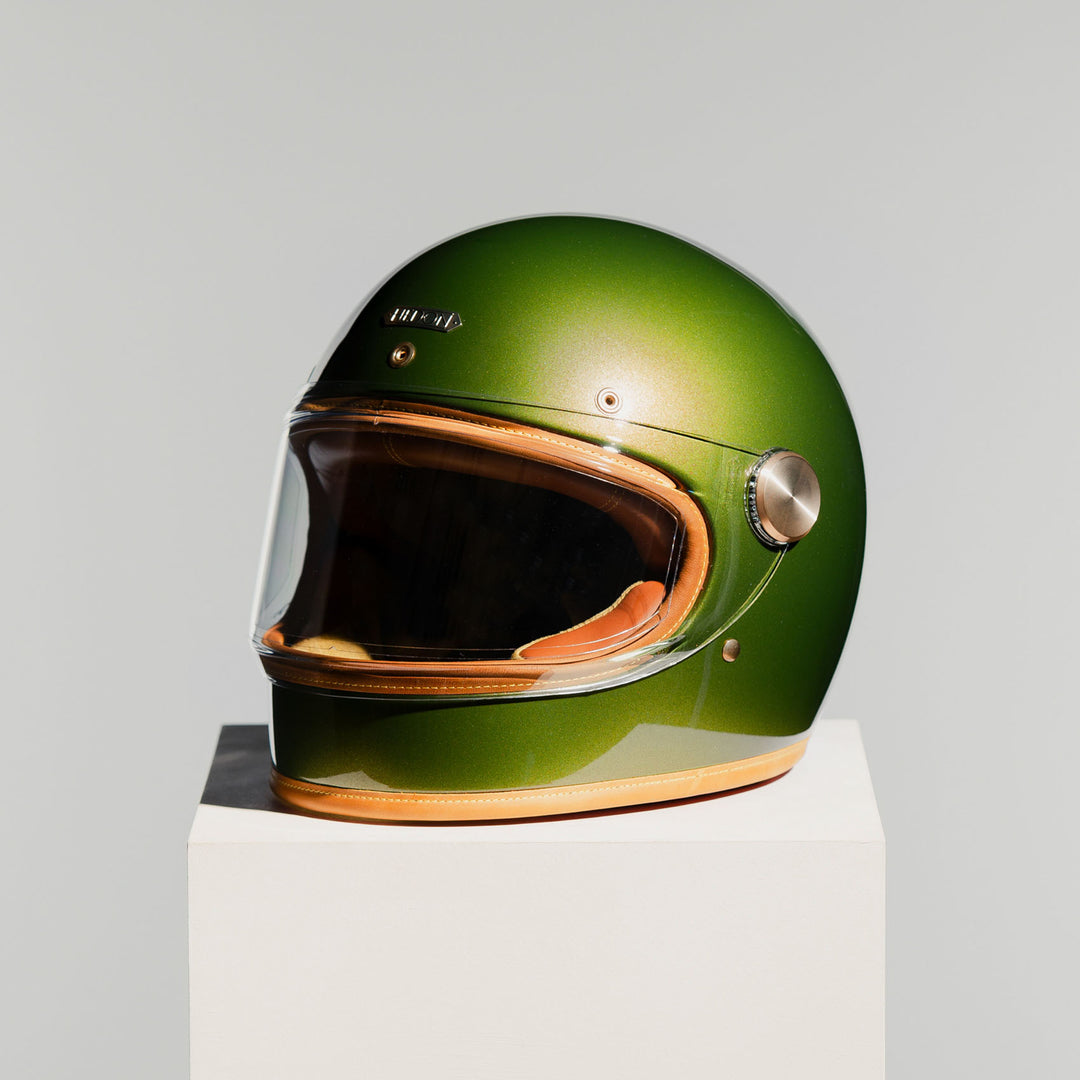 Front Left view of Hedon Heroine Racer 2.0 Helmet - Olivea with clear visor closed
