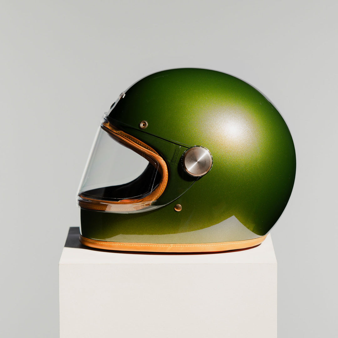 Left side view of Hedon Heroine Racer 2.0 Helmet - Olivea with clear visor closed