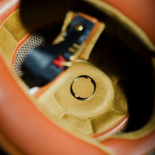 Close-up bottom view lining and badge of Hedon Heroine Racer 2.0 Helmet- Bauhaus 