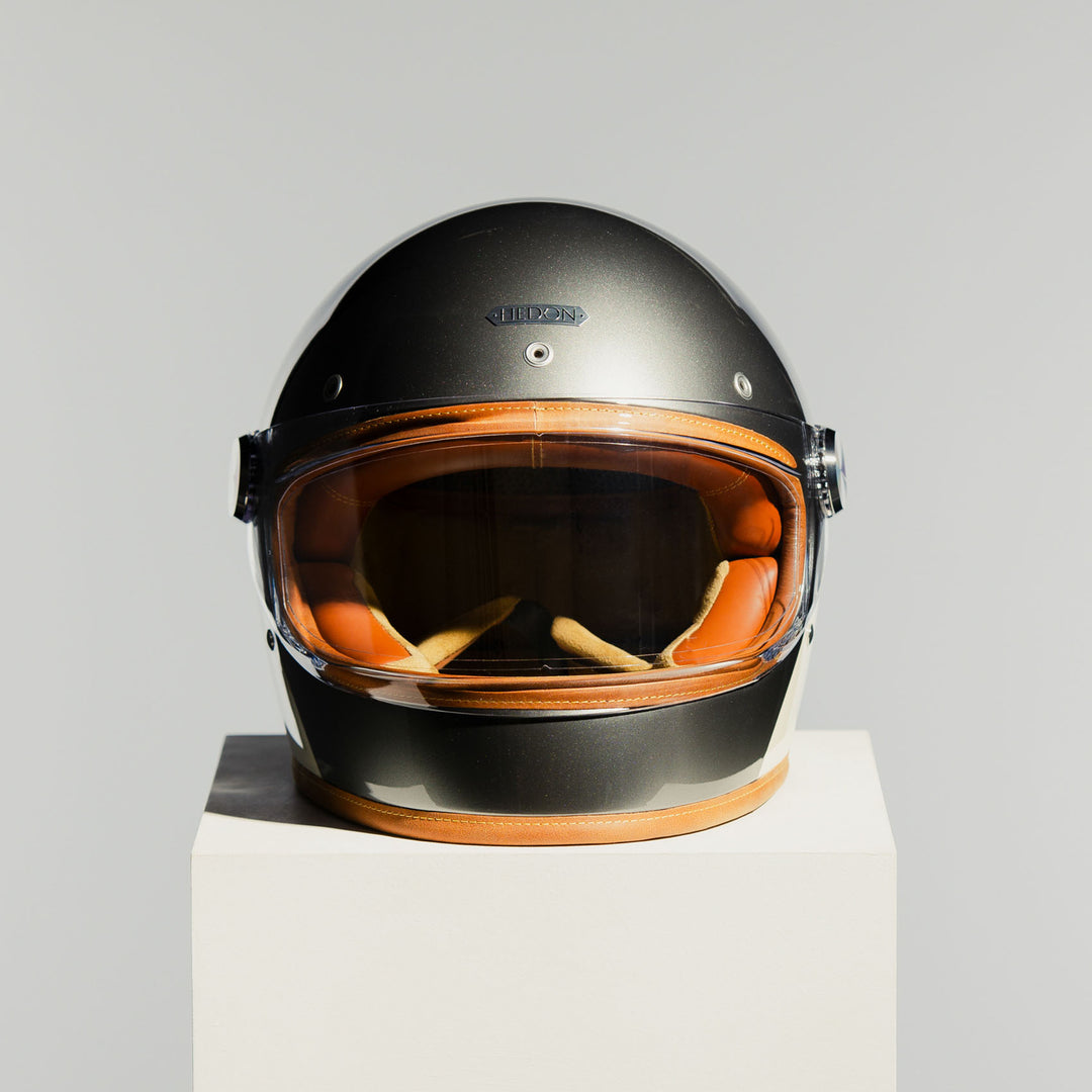 Front view of the Hedon Heroine Racer 2.0 Helmet – Camelot with the tinted visor open