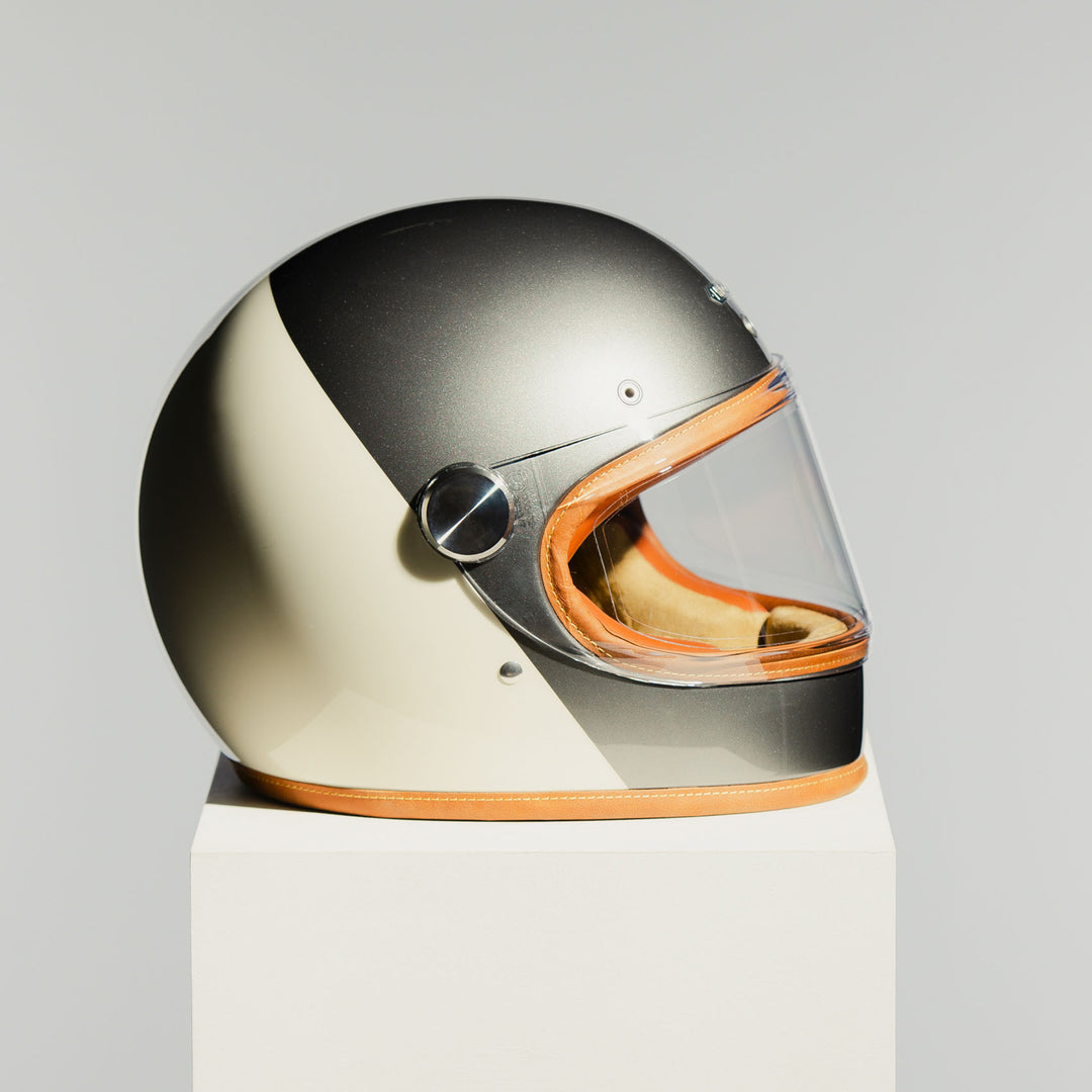 Left side view of the Hedon Heroine Racer 2.0 Helmet – Camelot with the clear visor closed