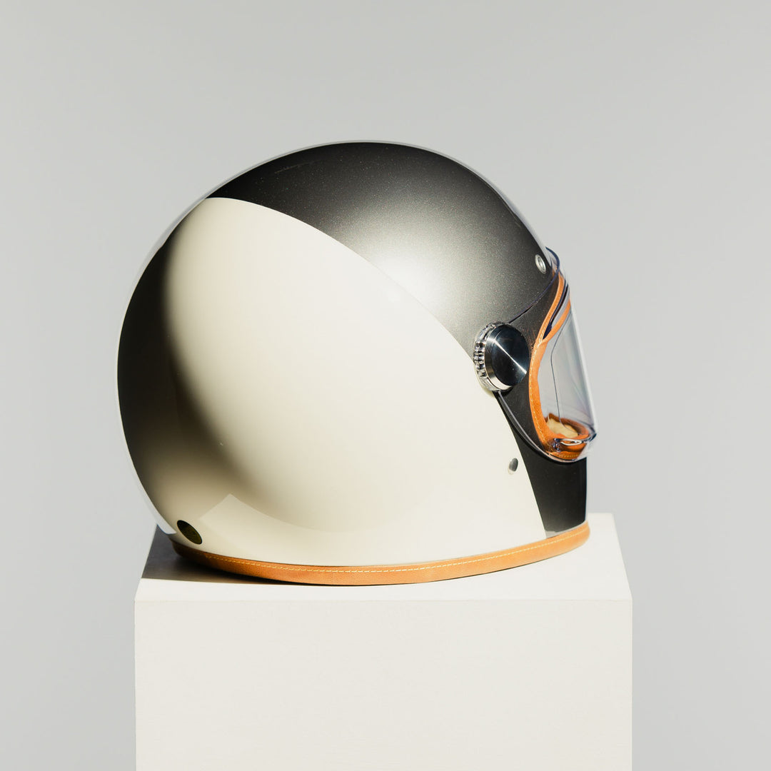 Rear right side view of the Hedon Heroine Racer 2.0 Helmet – Camelot with the clear visor closed