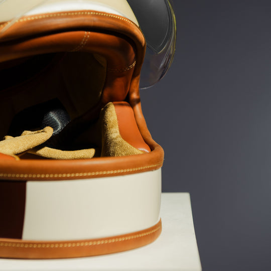 Front right side close up of cheek pads on Hedon Heroine Racer Helmet - Eastwood with clear visor open 