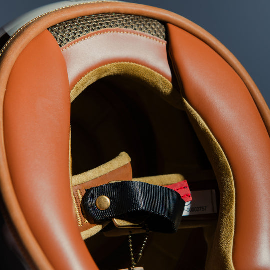 Rear interior view of rear vent and chin strap on Hedon Heroine Racer Helmet - Eastwood 