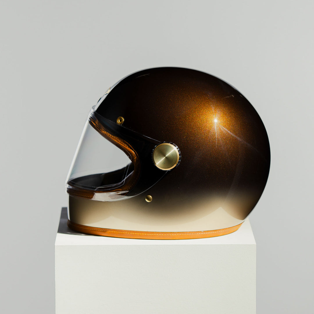 Left side view of Hedon Heroine Racer Helmet - Polvo with clear visor closed