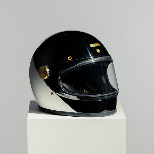 Front right side view of Hedon Heroine Racer 2.0 Helmet - Two Face with clear visor down
