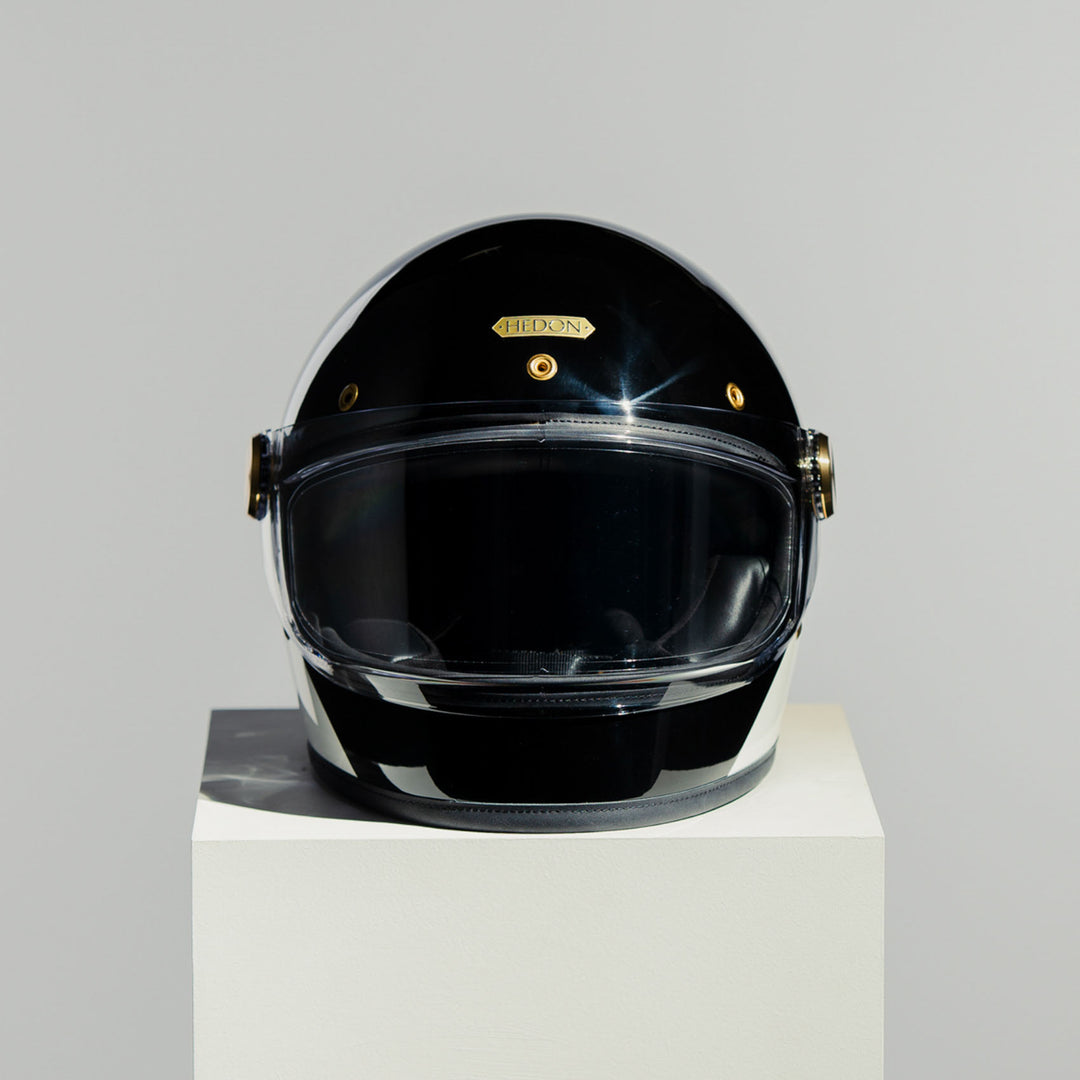 Front view of Hedon Heroine Racer 2.0 Helmet - Two Face with clear visor down 