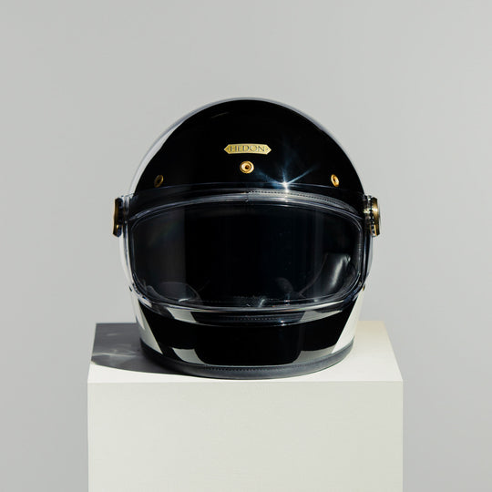 Front view of Hedon Heroine Racer 2.0 Helmet - Two Face with clear visor down 