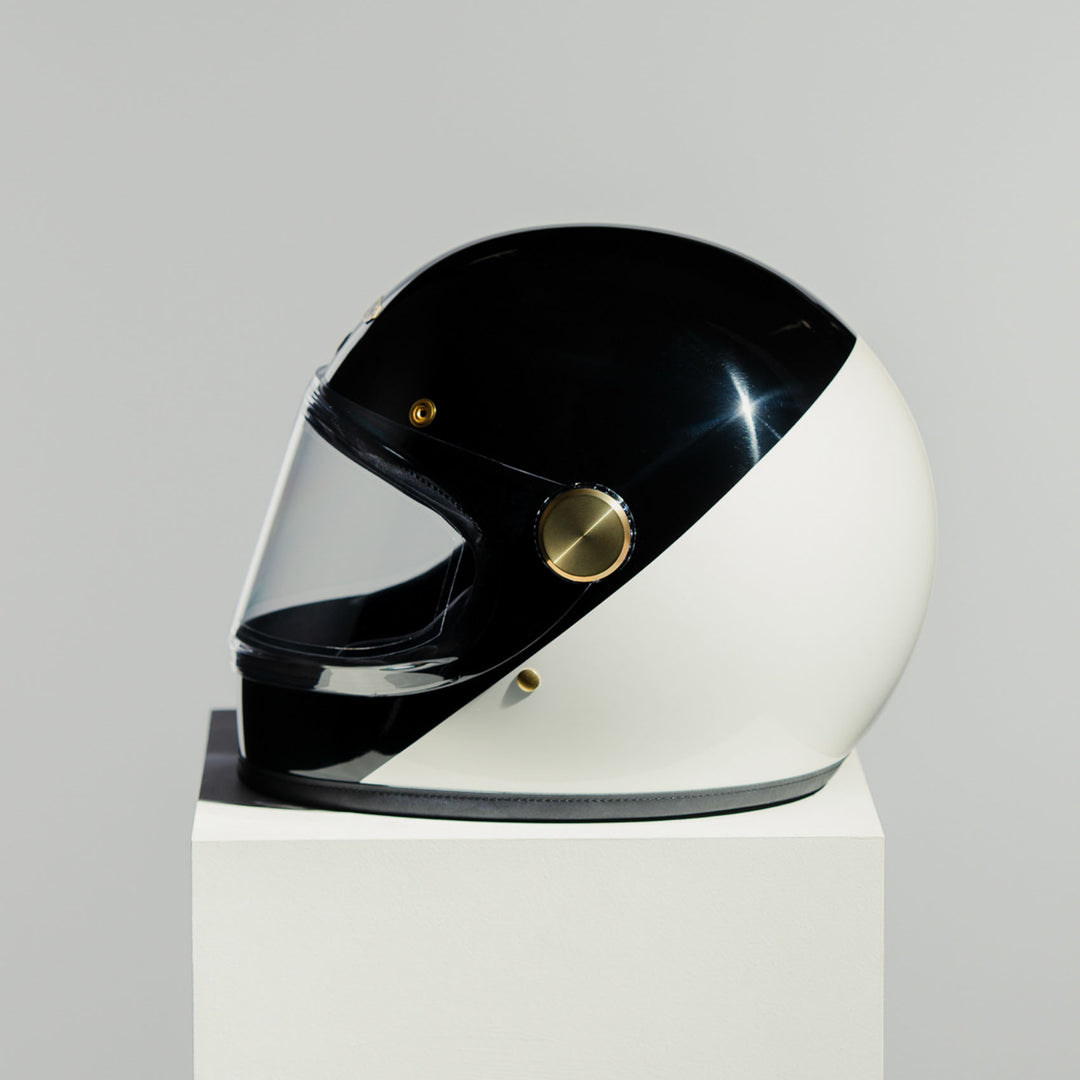 Left side view of Hedon Heroine Racer 2.0 Helmet - Two Face with clear visor down 