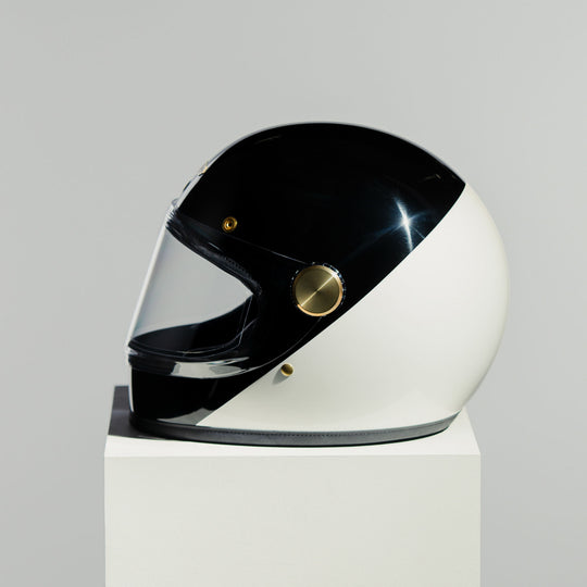 Left side view of Hedon Heroine Racer 2.0 Helmet - Two Face with clear visor down 