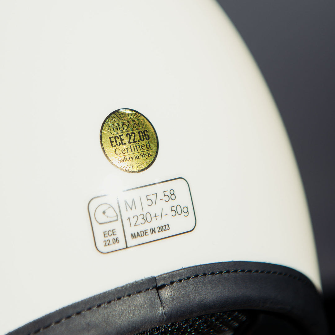 Close-up of certification badge on Hedon Heroine Racer 2.0 Helmet - Two Face 