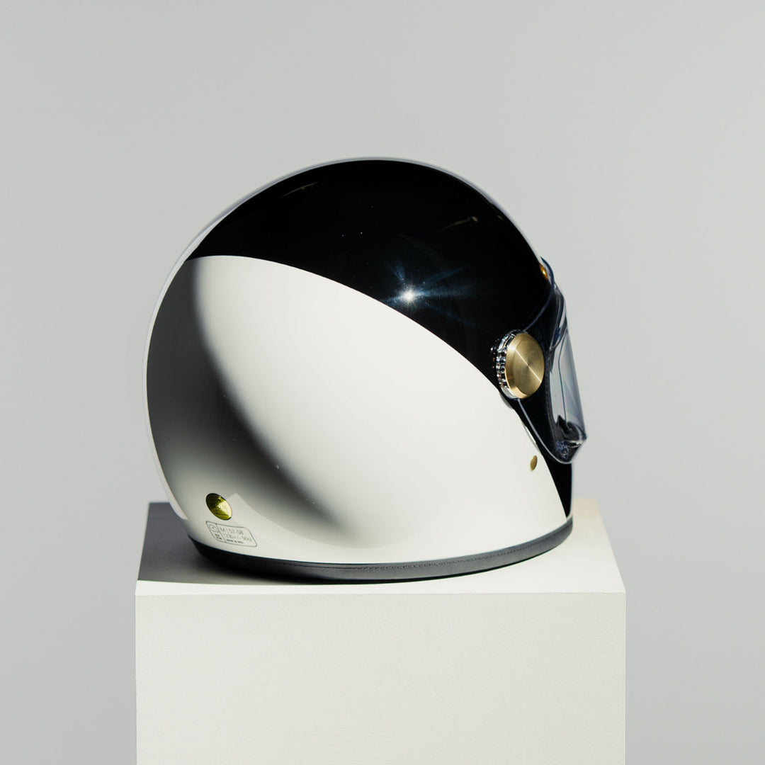 Rear right view of Hedon Heroine Racer 2.0 Helmet - Two Face with clear visor down 