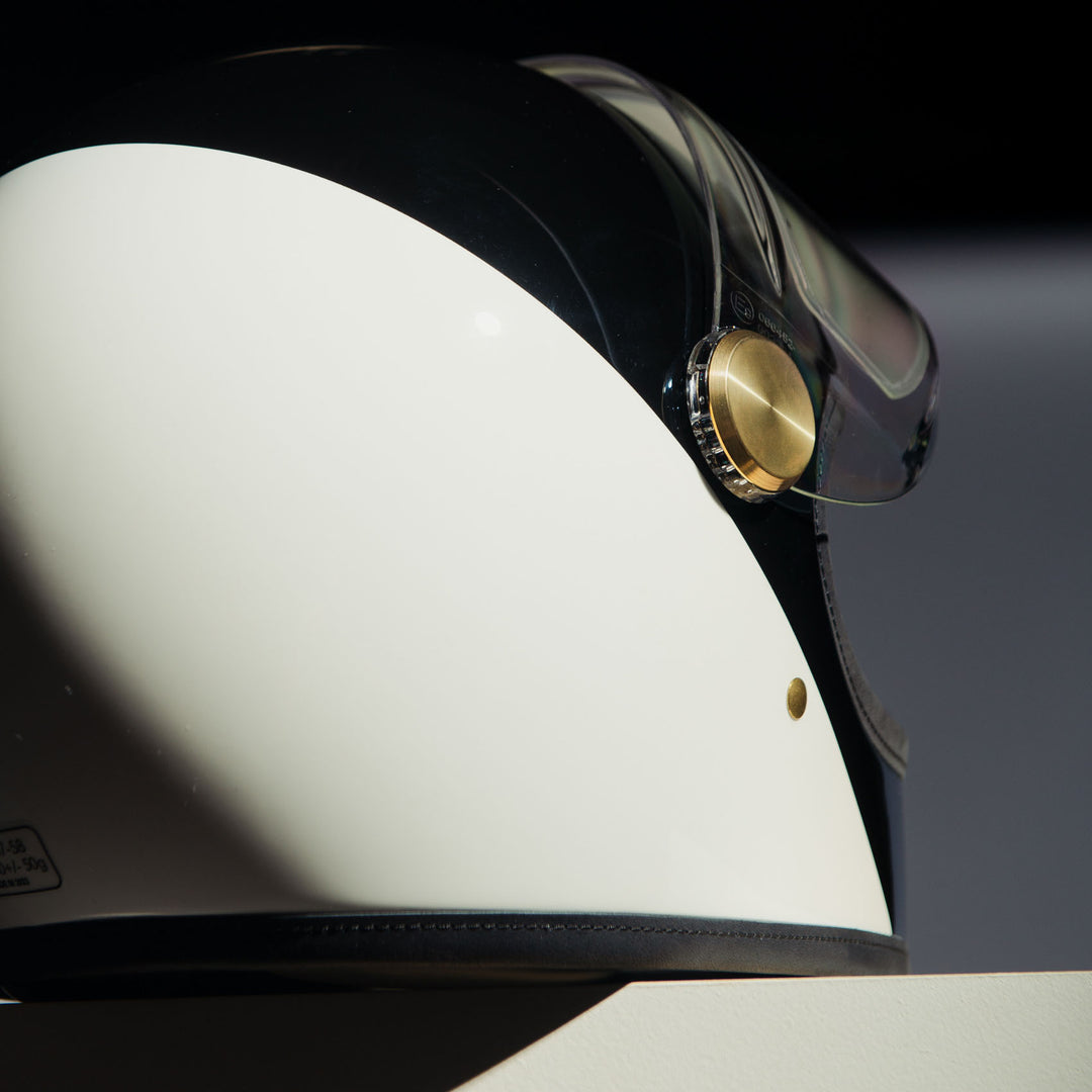 Rear right side view of Hedon Heroine Racer 2.0 Helmet - Two Face with clear visor open 
