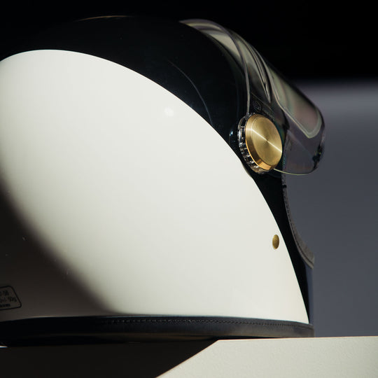 Rear right side view of Hedon Heroine Racer 2.0 Helmet - Two Face with clear visor open 