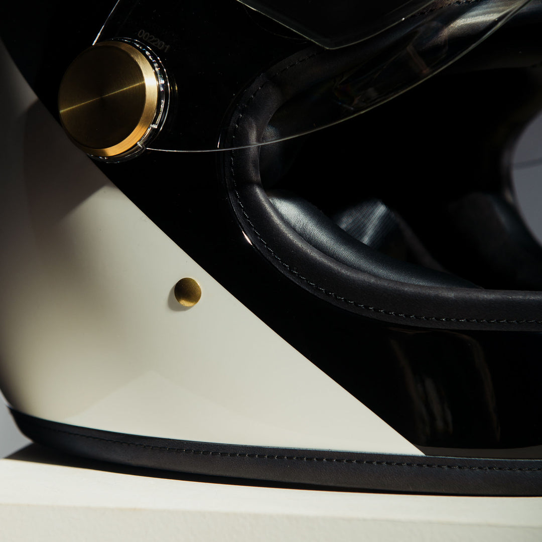 Close-up right side on Hedon Heroine Race 2.0 Helmet - Two Face with clear visor open 