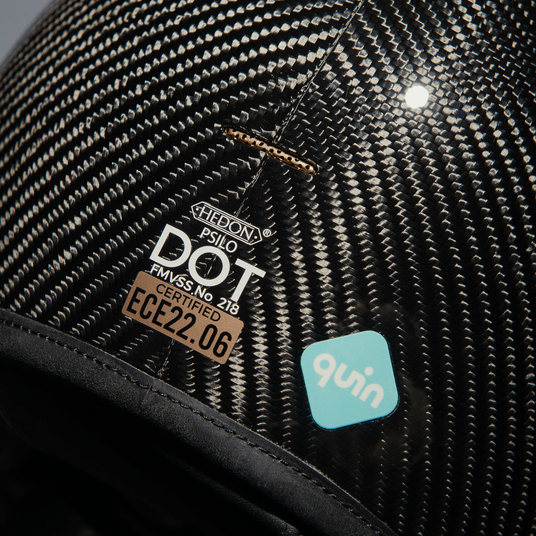 Close-up of the certification markings on the Hedon Psilo Explorer Helmet – Commander