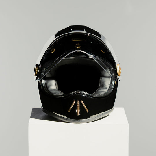 Front view of Hedon Psilo Explorer Helmet - Signature Black with clear visor open 