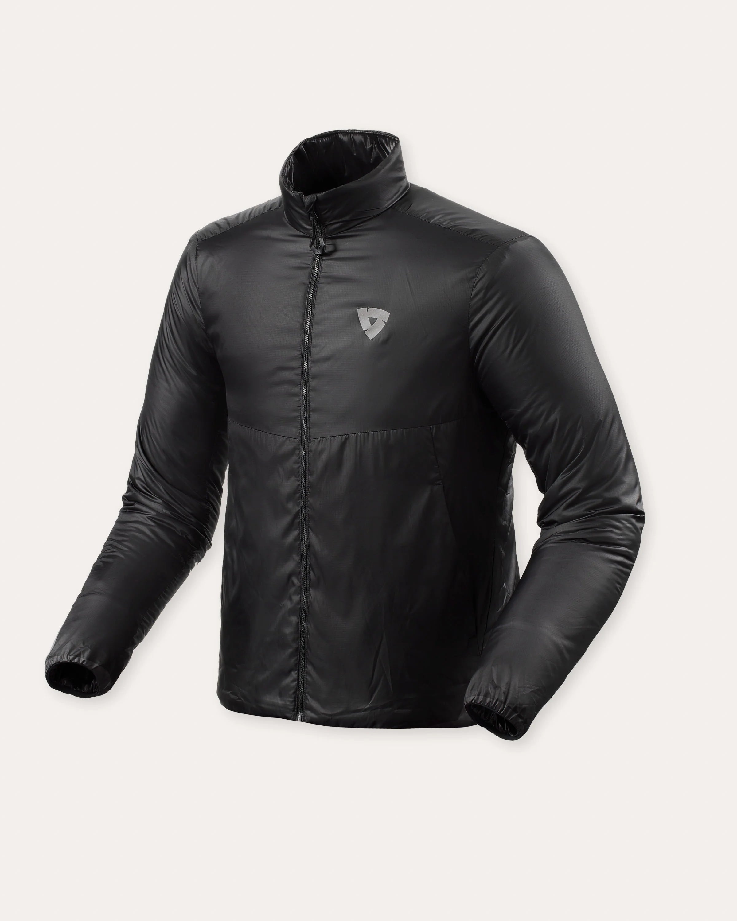 Black lightweight insulated motorcycle jacket with full zip front and minimal design