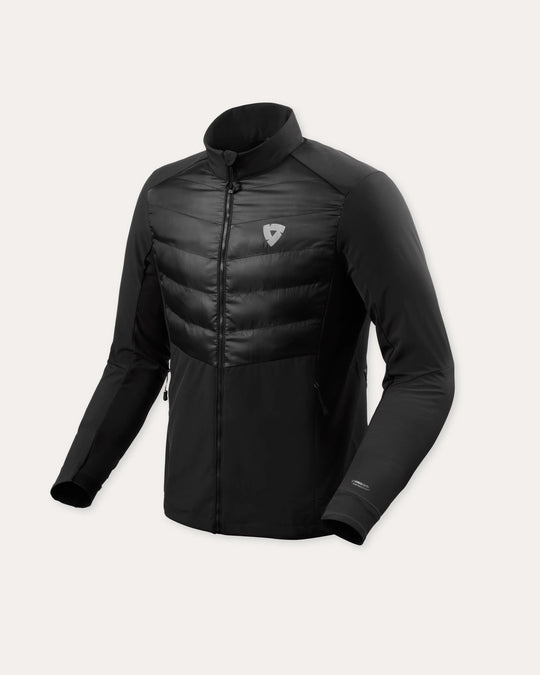 Black lightweight insulated motorcycle jacket with quilted front panel and full zip front