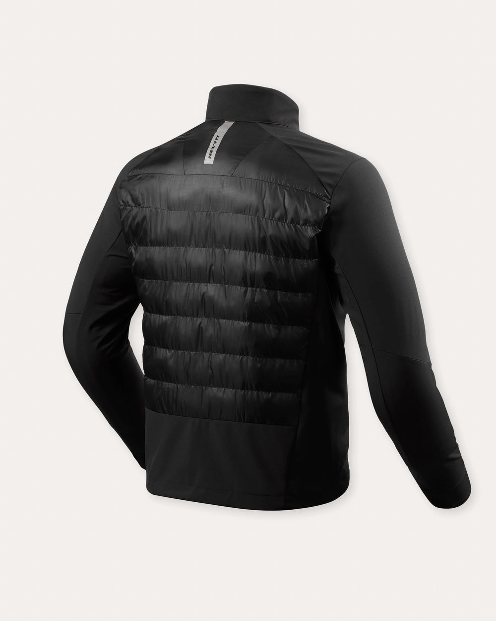 Black lightweight insulated motorcycle jacket rear view with quilted back panel