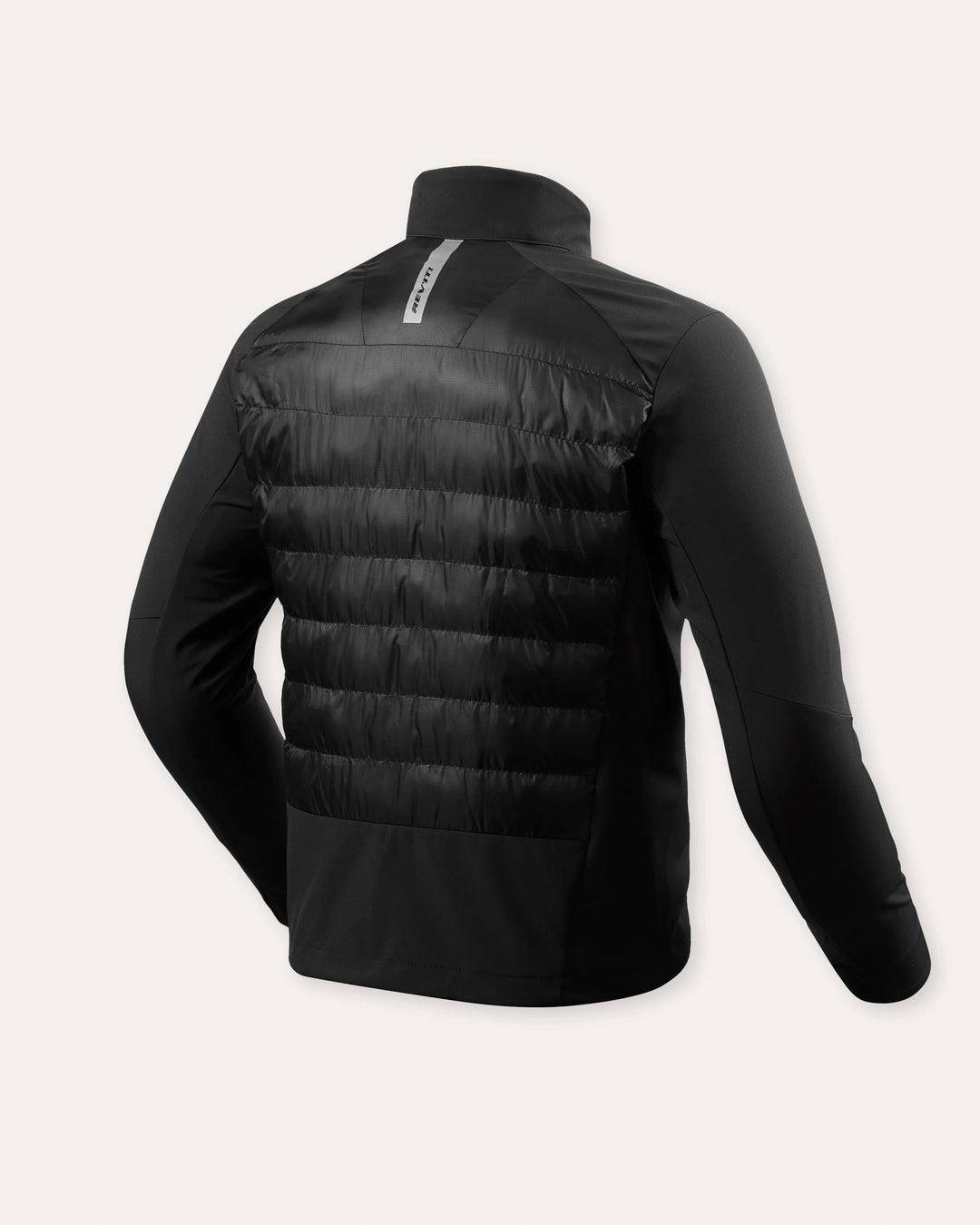 Black lightweight insulated motorcycle jacket rear view with quilted back panel