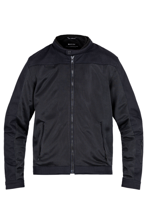 Flat front view of the John Doe Aero Mesh Jacket in black – summer-ready CE motorcycle jacket with mesh panels