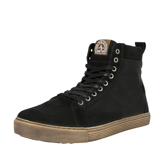 Angled front view of John Doe Neo Black high-top Trainer with brown sole and branded tongue