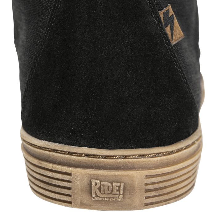 Close-up of the John Doe Neo Black high-top Trainer heel with ‘Ride!’ branding on the sole