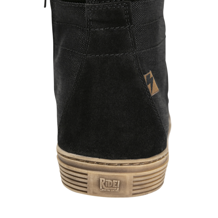 Rear view of John Doe Neo Black high-top Trainer showing Ride! heel branding and side logo tab