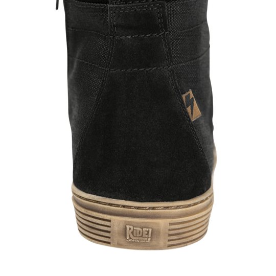 Rear view of John Doe Neo Black high-top Trainer showing Ride! heel branding and side logo tab