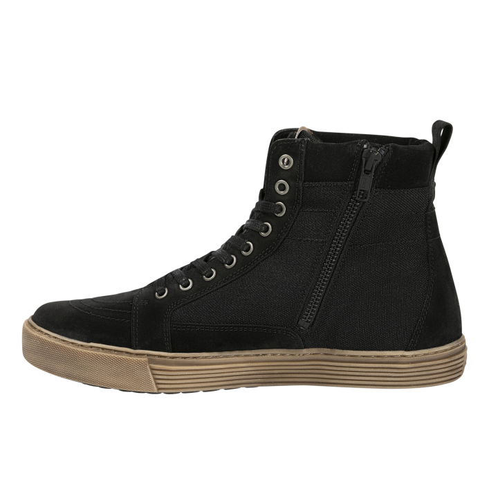 Side view of John Doe Neo Black high-top Trainer showing inner zip and brown sole