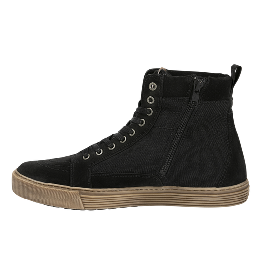 Side view of John Doe Neo Black high-top Trainer showing inner zip and brown sole