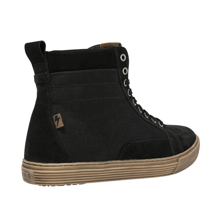 Outer side view of John Doe Neo Black high-top Trainer with brown sole and logo tab