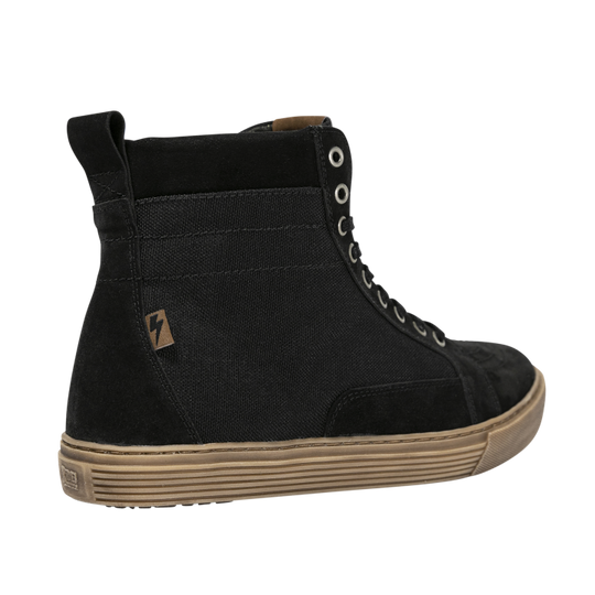 Outer side view of John Doe Neo Black high-top Trainer with brown sole and logo tab