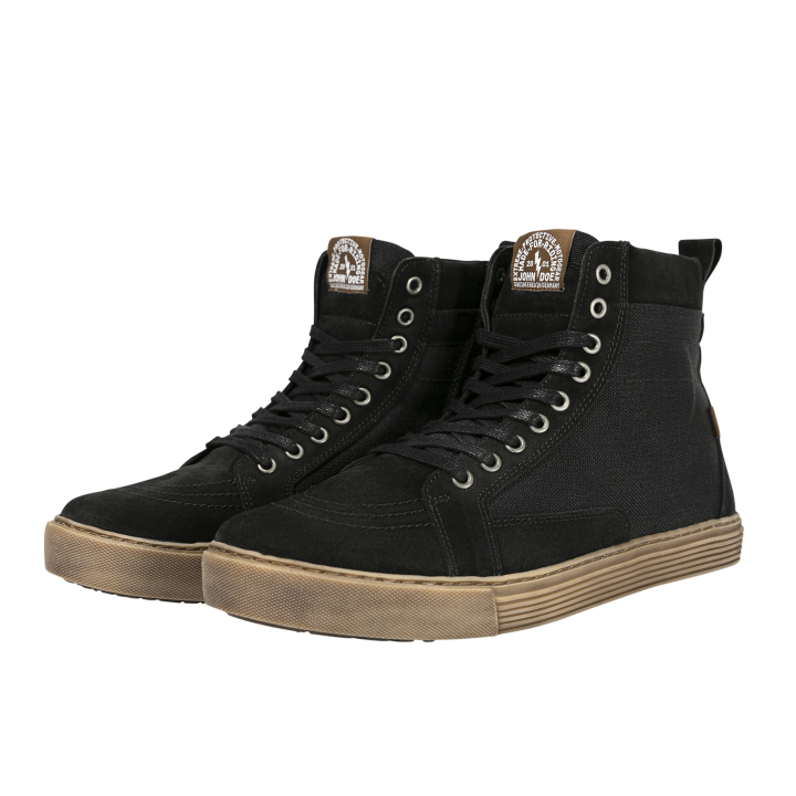 John Doe Neo Black high-top Trainers with brown soles – angled pair view