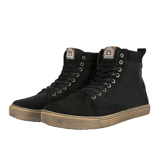John Doe Neo Black high-top Trainers with brown soles – angled pair view
