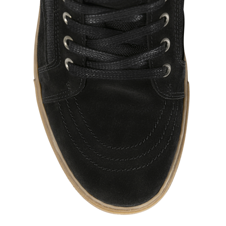 Close-up of the John Doe Neo Black high-top Trainer toe, showing suede finish and lace detail