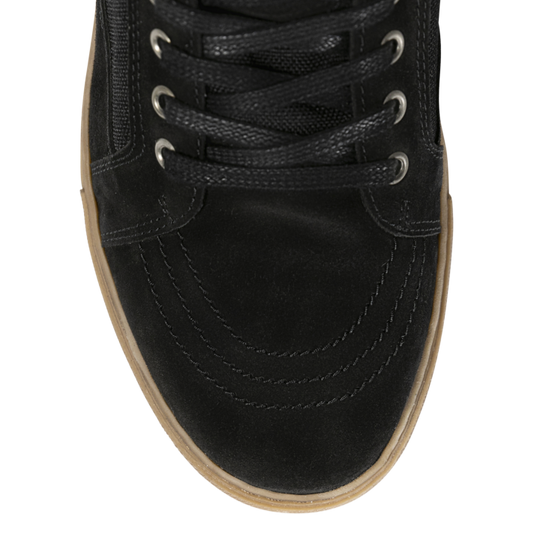 Close-up of the John Doe Neo Black high-top Trainer toe, showing suede finish and lace detail