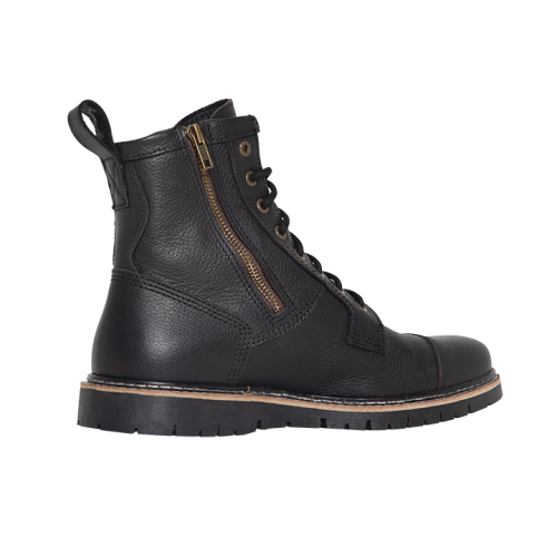 Outer side view of black John Doe Rover motorcycle boot with zipper and stitched sole on white background