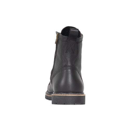 Rear view of black John Doe Rover motorcycle boot with stitched sole on white background