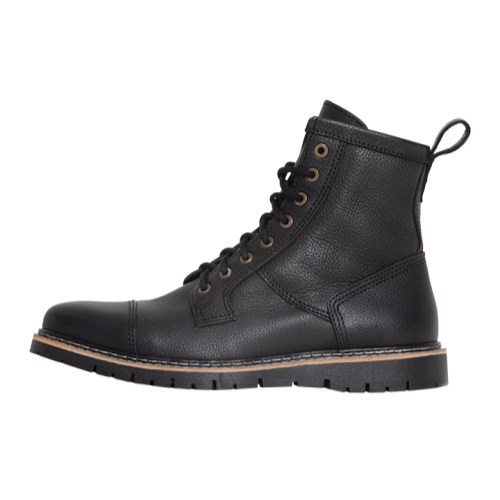 Side profile of the John Doe Rover motorcycle boot in black leather, left foot