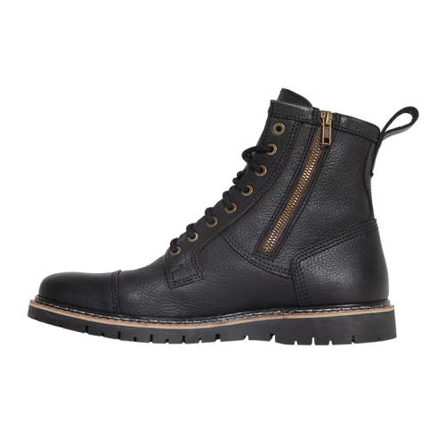 Side view of John Doe Rover Boot in black leather with bronze YKK side zipper and rugged sole