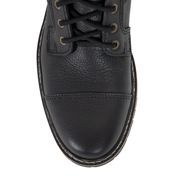 Close-up of toe area on John Doe Rover Boot in black leather with stitched detailing