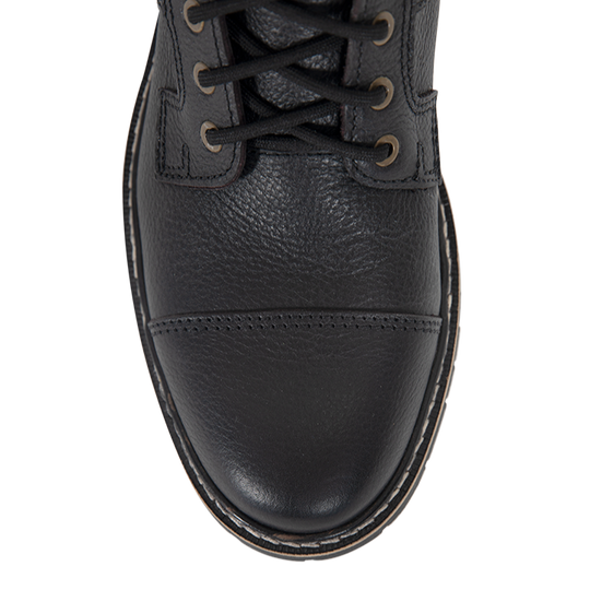 Close-up of toe area on John Doe Rover Boot in black leather with stitched detailing